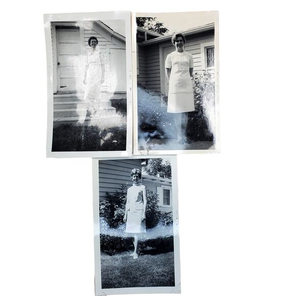3 Vtg Lady Posing in Front of Home Through The Years Original Monochrome Photo - Picture 1 of 4